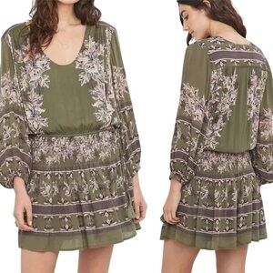 Free People Mini Dress Boho Blouson Fit & Flare Peasant Olive Green Pink Size S